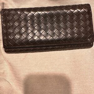 Bottega Veneta dark brown  Leather Card Wallet with Fabric Logo Tag